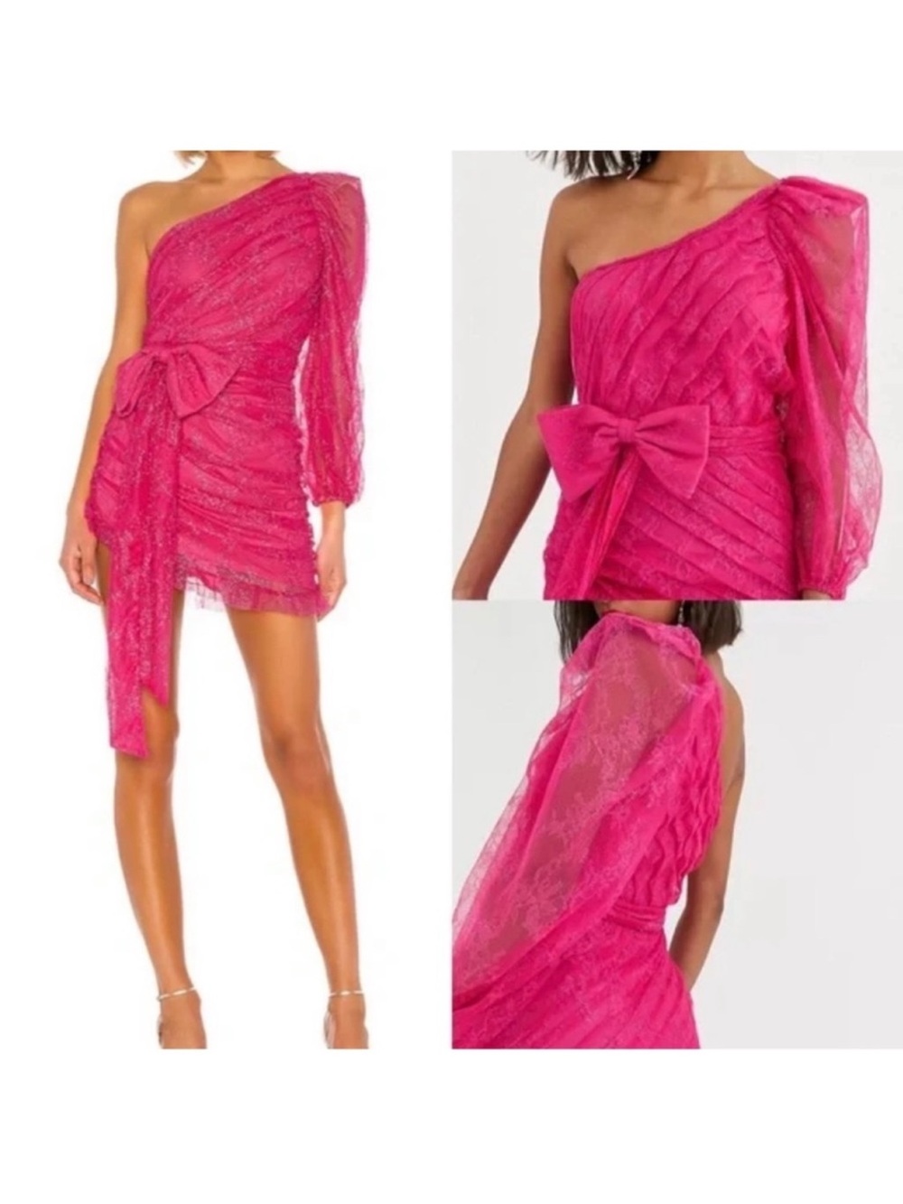 For Love & Lemons One-Shoulder Fuchsia Lace Bow Mini Dress